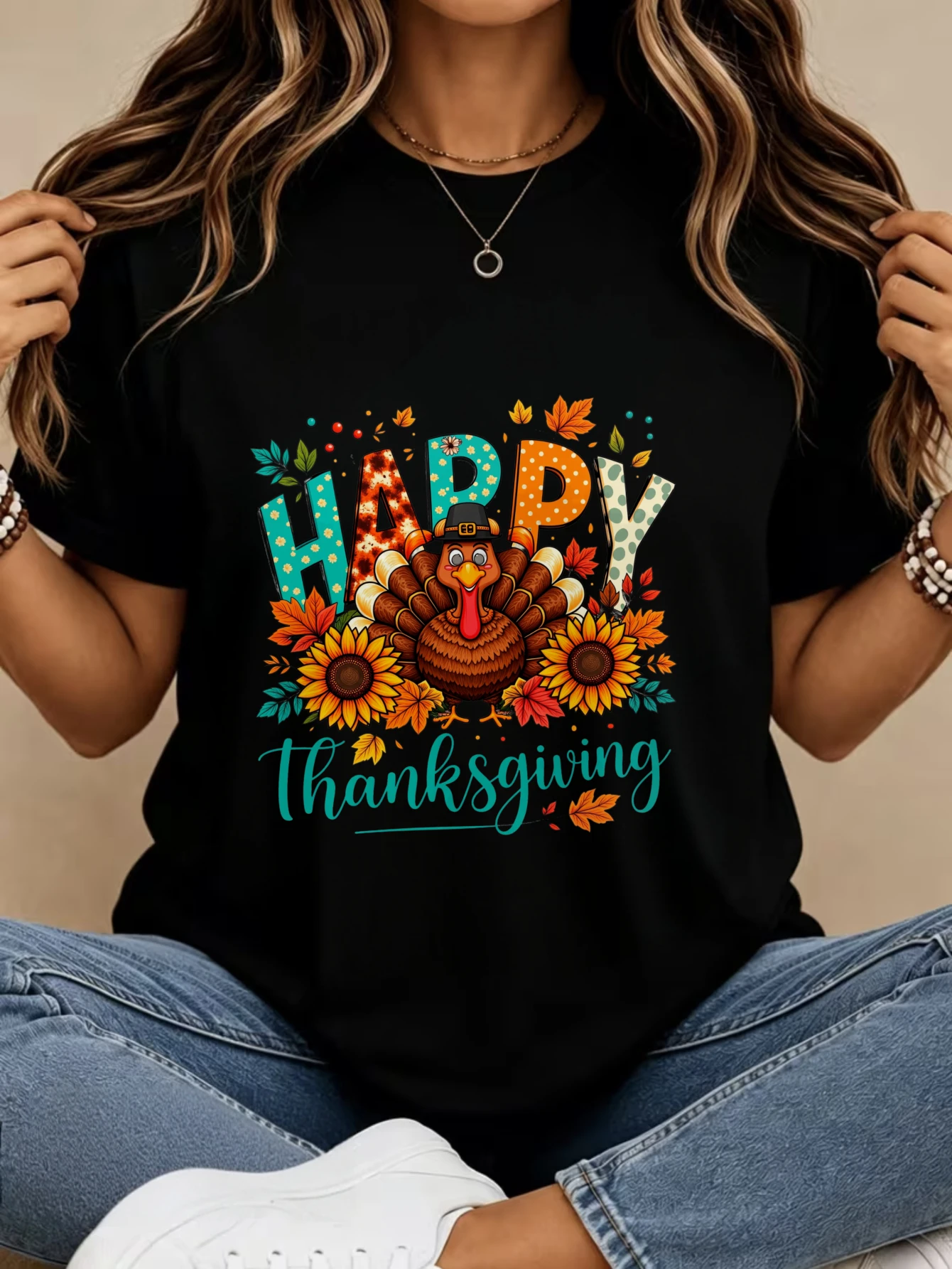 Women'S Fashion New Round-Neck Women'S All-Match Outfits Autumn Casual Daily Basic Happy Thanksgiving Turkey Sunflower Print