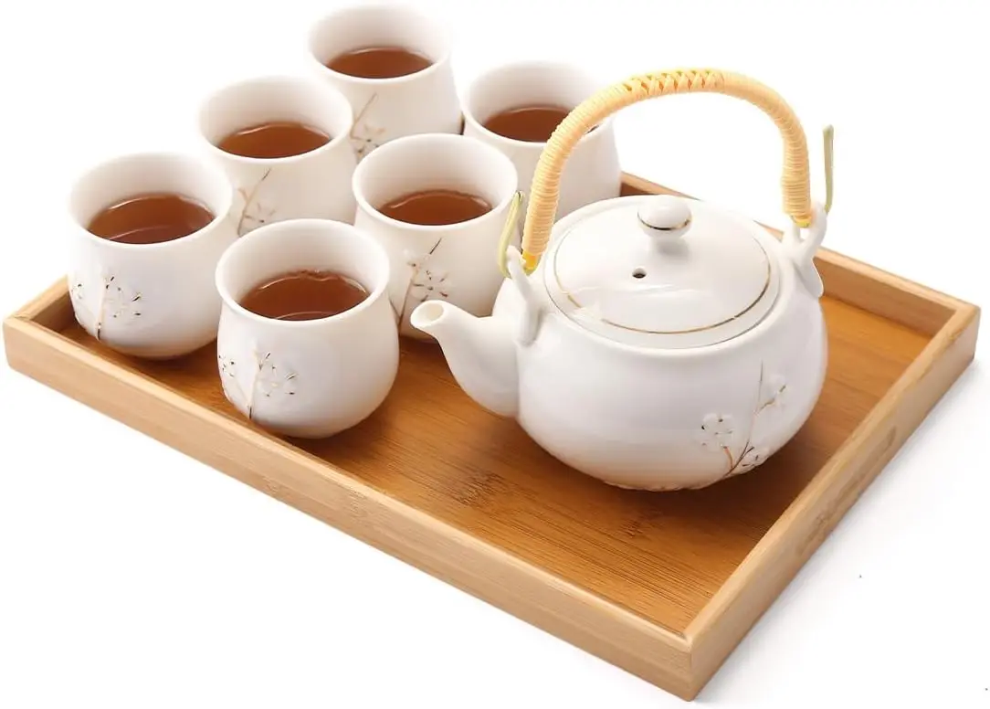 

Japanese Plum Tea Set with Teapot, 6 Cups & Tray - Porcelain Gift for Tea Lovers, Adults
