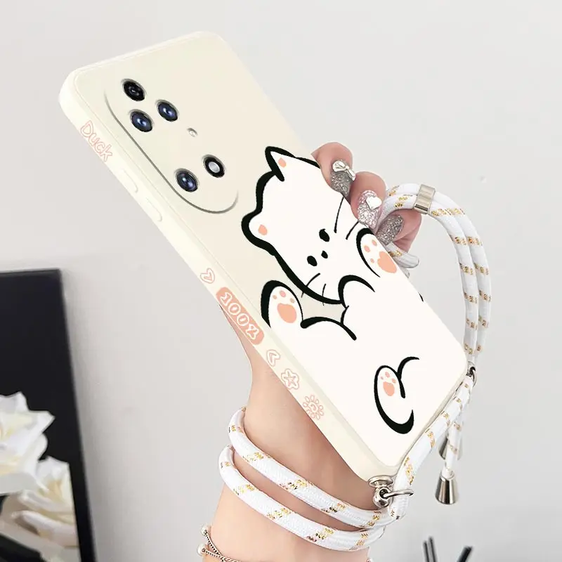 Funda de teléfono de silicona con cordón cruzado de gato de nube blanca para Huawei P50 P40 P30 P40Lite P20 P20Pro Nova 10SE Mate 50 40 30 20