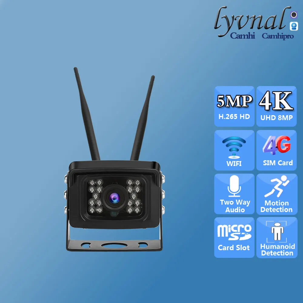 

HD 5MP 3G 4G SIM-карта Беспроводная IP-камера безопасности Wi-Fi Bullet Автомобиль Двустороннее аудио ИК Ночная версия Водонепроницаемый слот для SD-карты