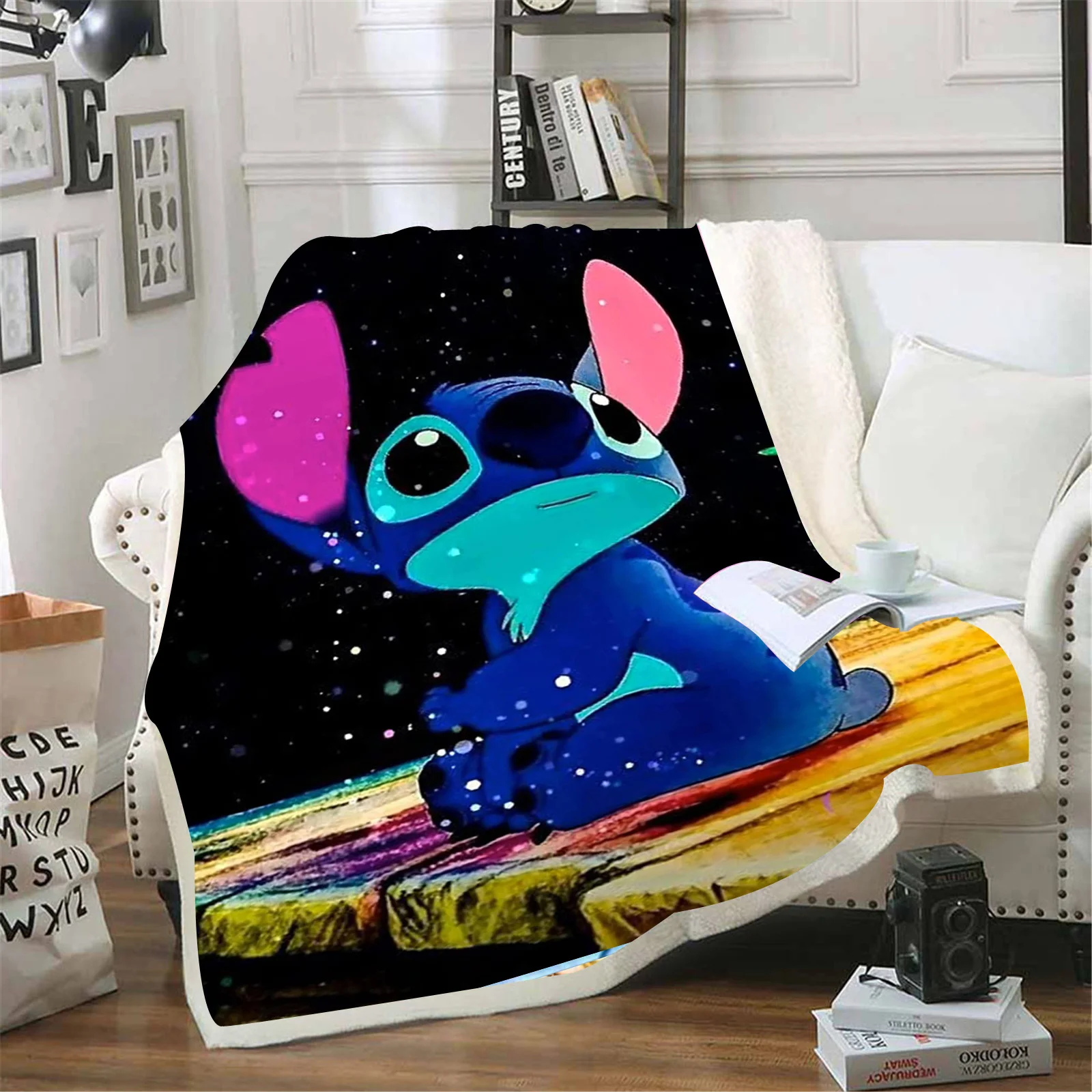 Disney Stitch Cartoon Blanket Custom Kawaii  Fluffy Modern Winter Plush Furry Children Printed Reactive Printing And Throws