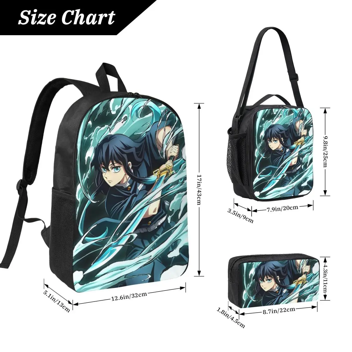 Muichiro Tokito Demon Slayer Kunci Visual Ransel Siswa Laki-laki Perempuan Tas Buku Tas Sekolah 3Ps Tas Makan Siang Terisolasi Kotak Pensil
