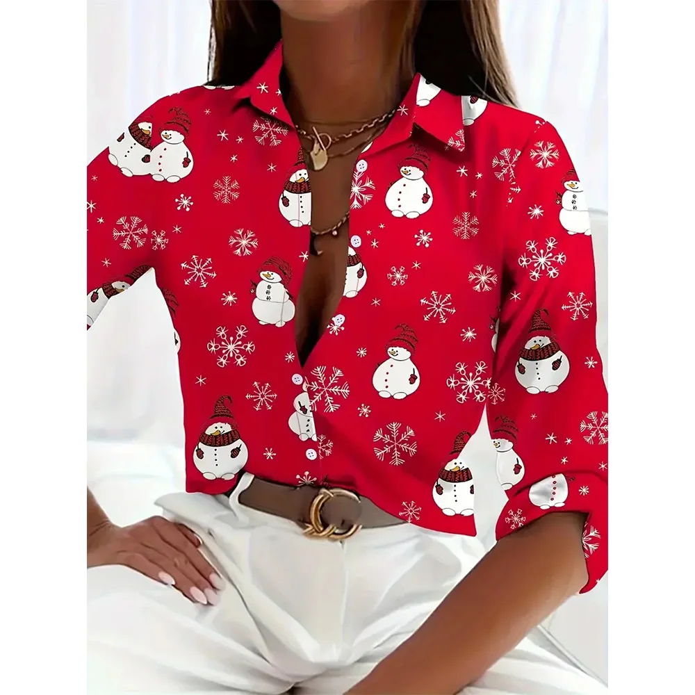 Dames 2024 Nieuwe 3d Kerst Bedrukt Lange Mouwen Shirts Elegant Revers Lange Mouw Top Winter Lente Single-Breasted Basic Shirt