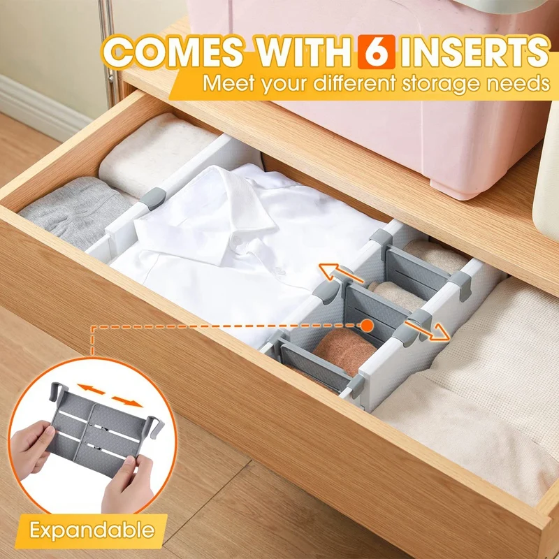 Organizzatore divisori per cassetti da 4 confezioni con 6 inserti da 4 pollici di altezza espandibile da 11-17 pollici per camera da letto