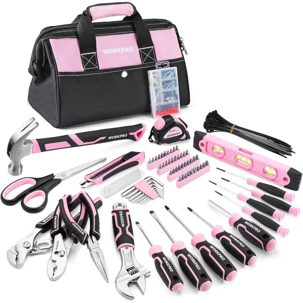 

Complete 277-Piece Pink Home Repair Tool Kit with Wide Mouth Storage Bag and Essential Tools