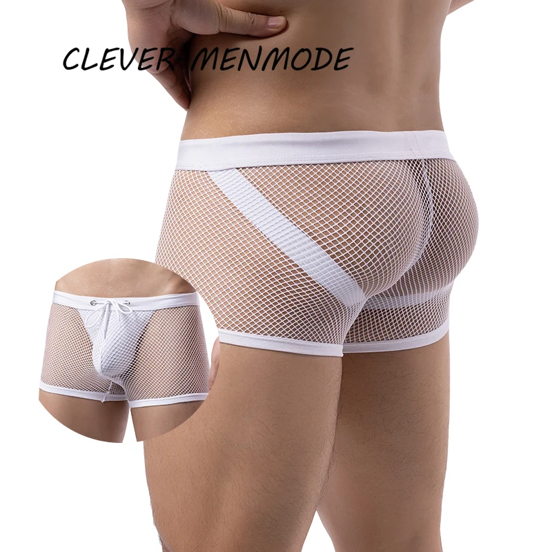 Men\'s Sexy Mesh See-Through Transparent Boxer Shorts Hip-Baring Thong G-String Large Pouches Jockstrap Penis Pouch Lingerie