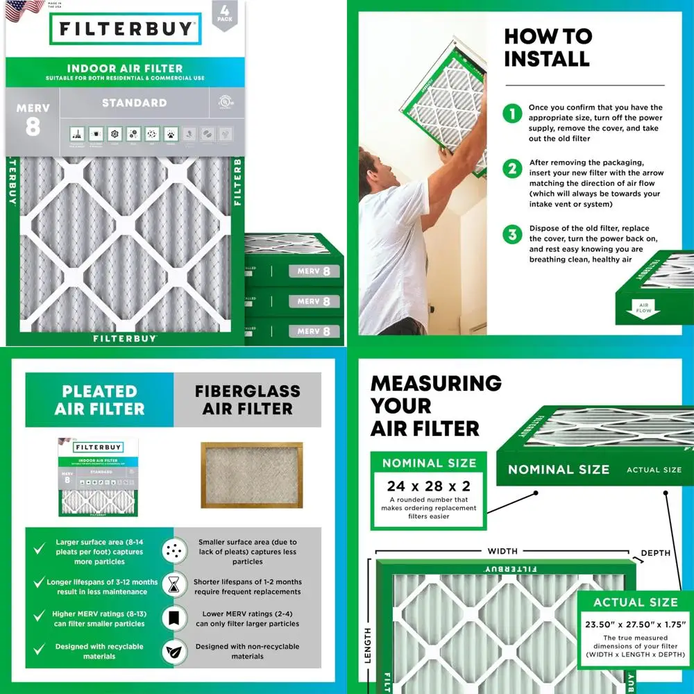 

24x28x2 MERV 8 Pleated Air Filters Dust Defense Replacement Pack of 4 HVAC AC Furnace Filters for Home