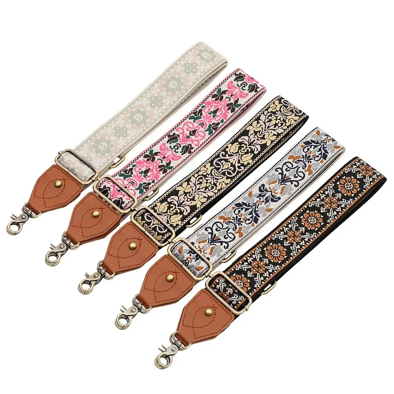 Retro Flower Bag Shoulder Strap Single Shoulder Oblique Span Adjustable Replacement Long Shoulder Strap PU Leather Bag Strap