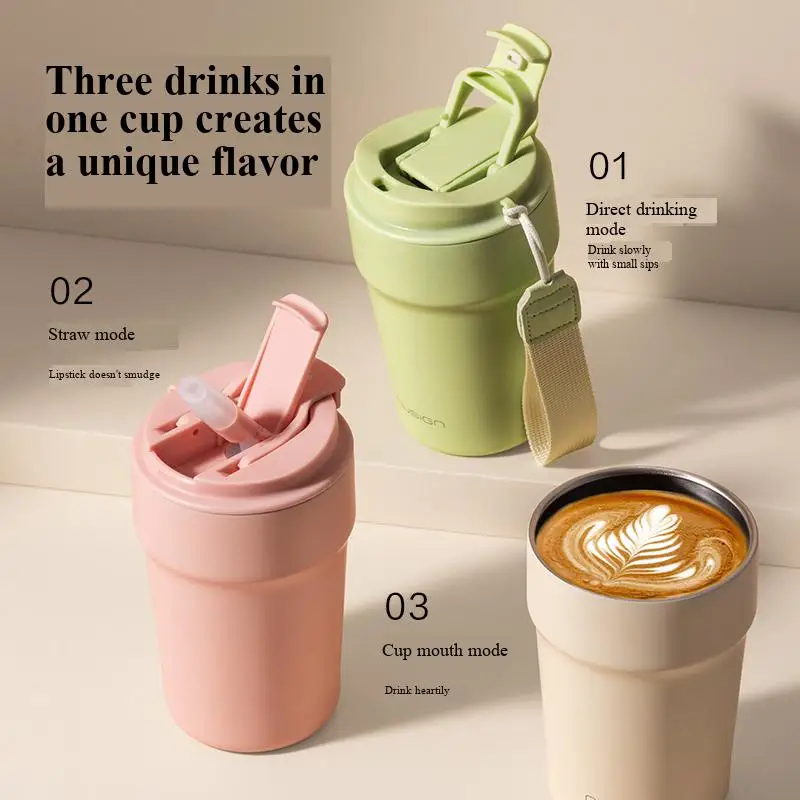 Deli Nusign Multi-Function Coffee Cup 316 Stainless Steel Thermos with Straw Direct Drinking Option 400ml/510ml Gift Cup