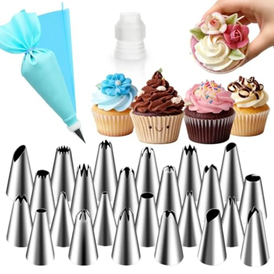 Ping Ts, 26 Pieces Stains Steel Frosting Ping Kit Reusable Ping Bag, Coupler Included, Cake Decorating
