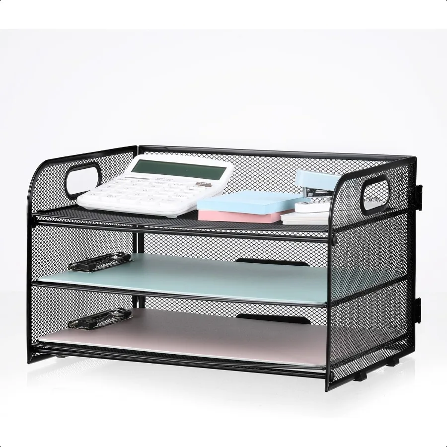 

3Tier Letter Tray Paper Organizer with Handle Compact Mesh Desk File Organizer for Home Office Supplies Desktop Accessories Bla