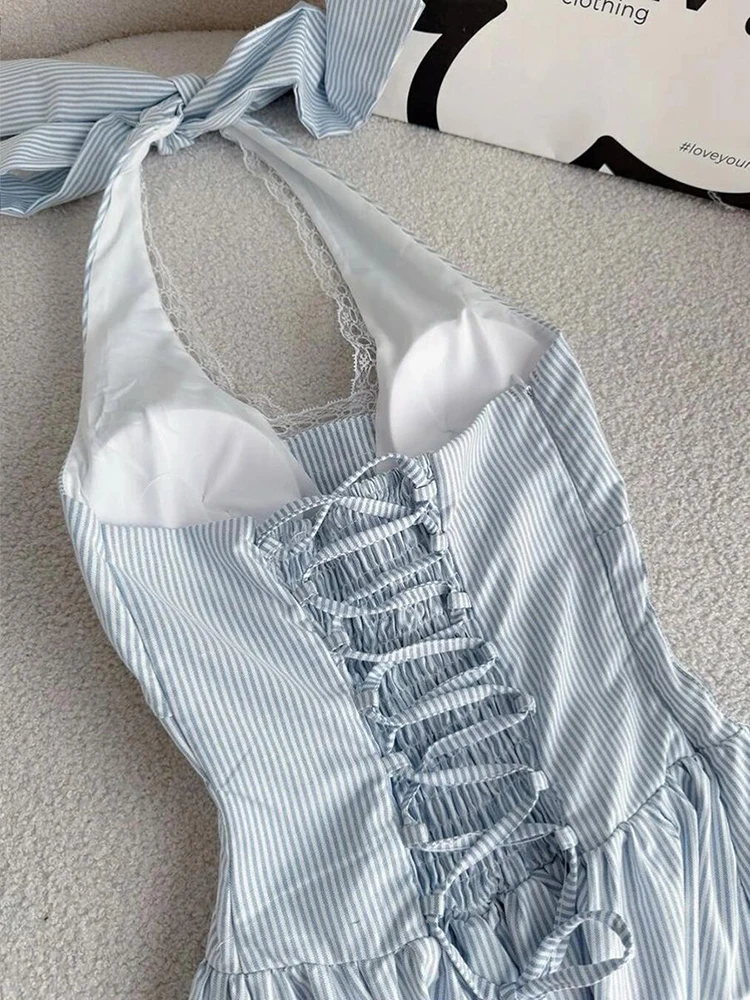 Elegancka sukienka midi damska z dekoltem typu halter, modna, z koronkowymi wstawkami, dopasowana, w stylu Y2K, seksowna, bez pleców, idealna na lato, na plażę i wakacje, Vestidos