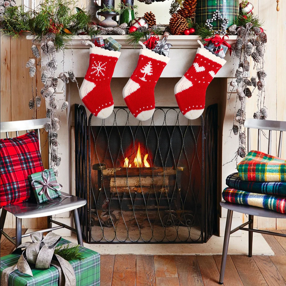 

3Pcs Christmas Knitted Snowflake Socks Bright Color Classic Festive Knit Cuffs Indoor Outdoor Decoration Socks