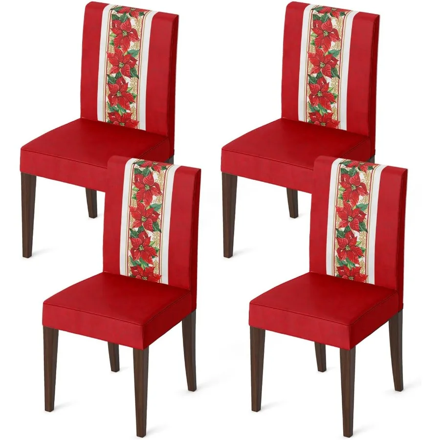 

4PCS Christmas Dining Chair Covers with Watercolor Red Poinsettia Design Stretchable and Removable Washable Slipcover Chair Pro