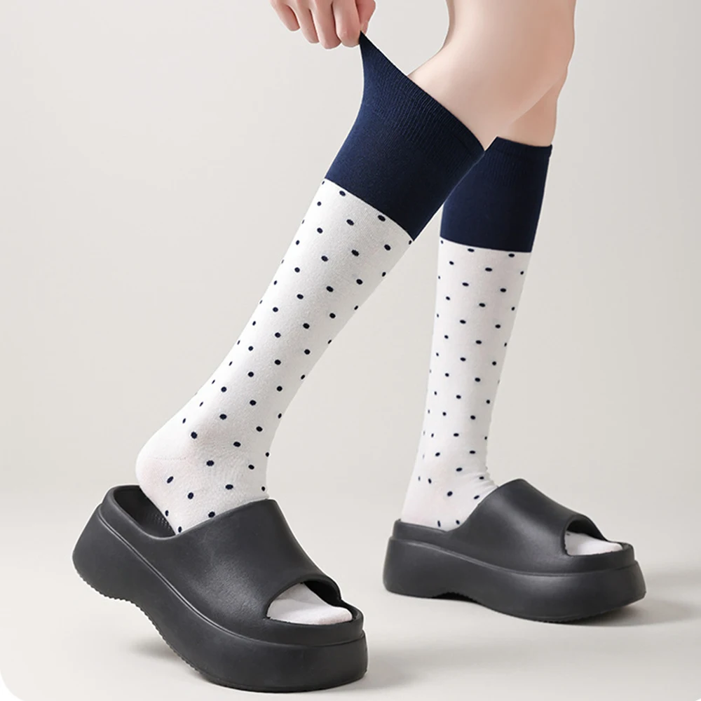 Fashion Korean Autumn Winter Woman Socks Cotton Sweet Girls Knee Socks Retro Polka Dot‌ Breathable Slimming Slouch Stockings