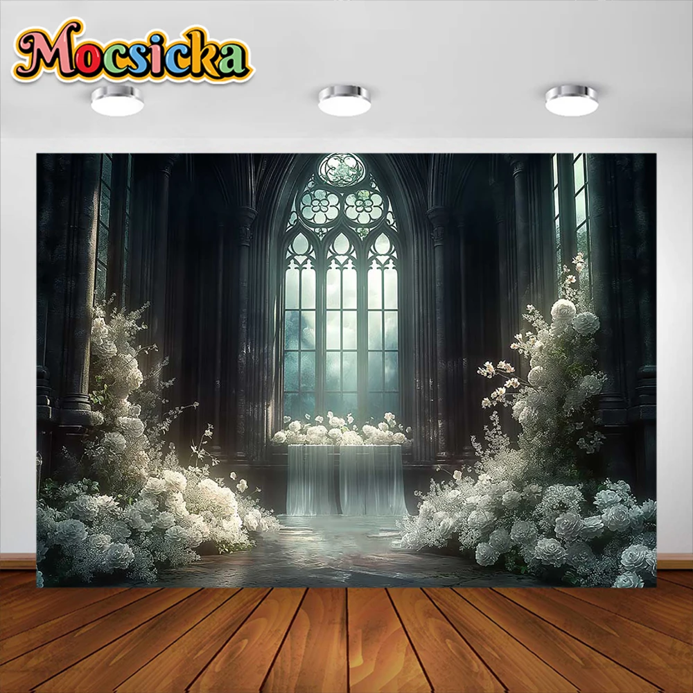 모시카 사진 배경 아치 창 꽃 배경 장식 용품, 성인 어린이 초상화 스튜디오 소품 배너