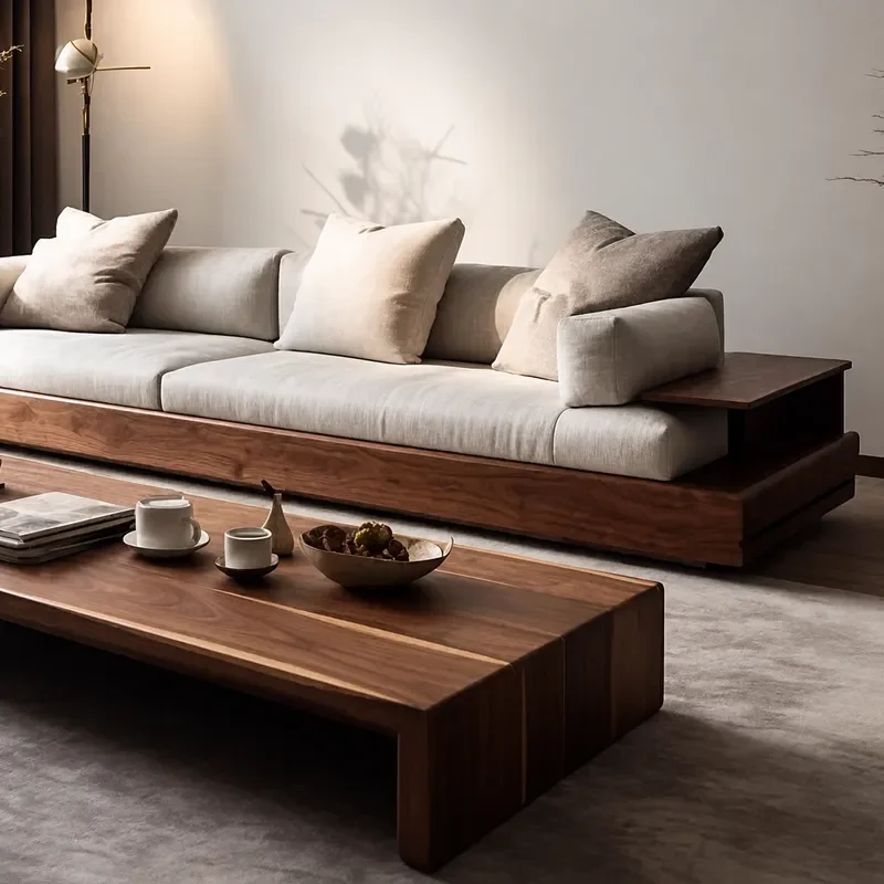 New Chinese Style Solid Wood Sofa Set Modern Simple Zen Living Room Straight Row Sofa with Coffee Table Fabric Furniture