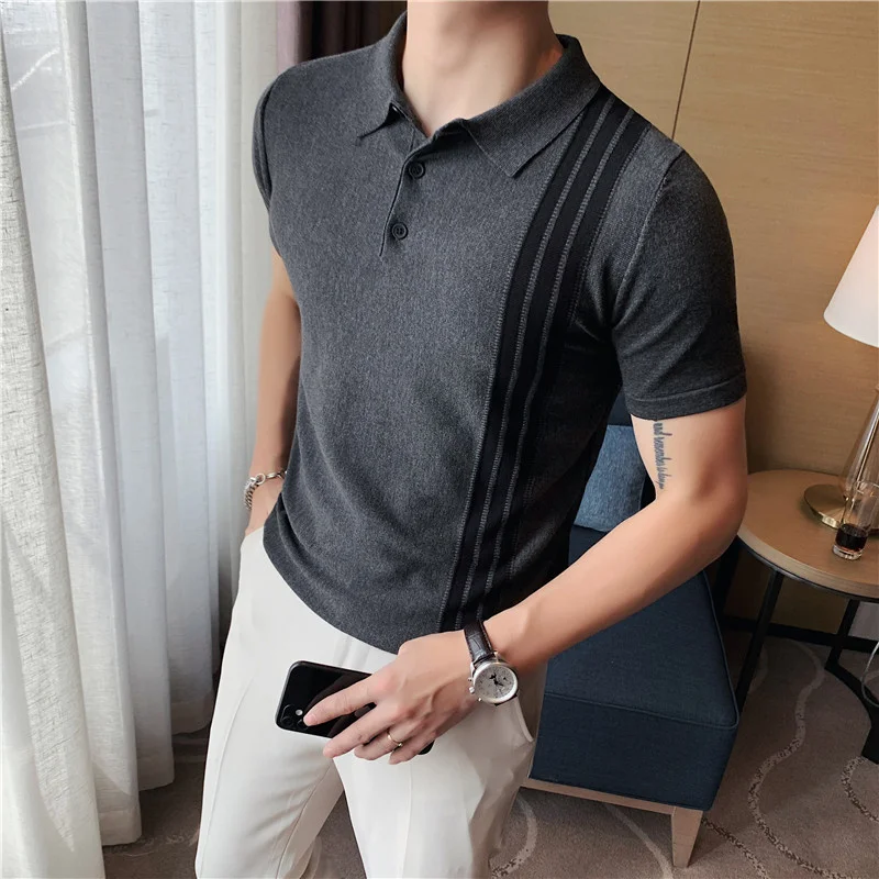 2024 Summer Polo Shirt Striped Slim Stretch Knit Men's Short-sleeved POLO Business Casual Top Male Clothing Black