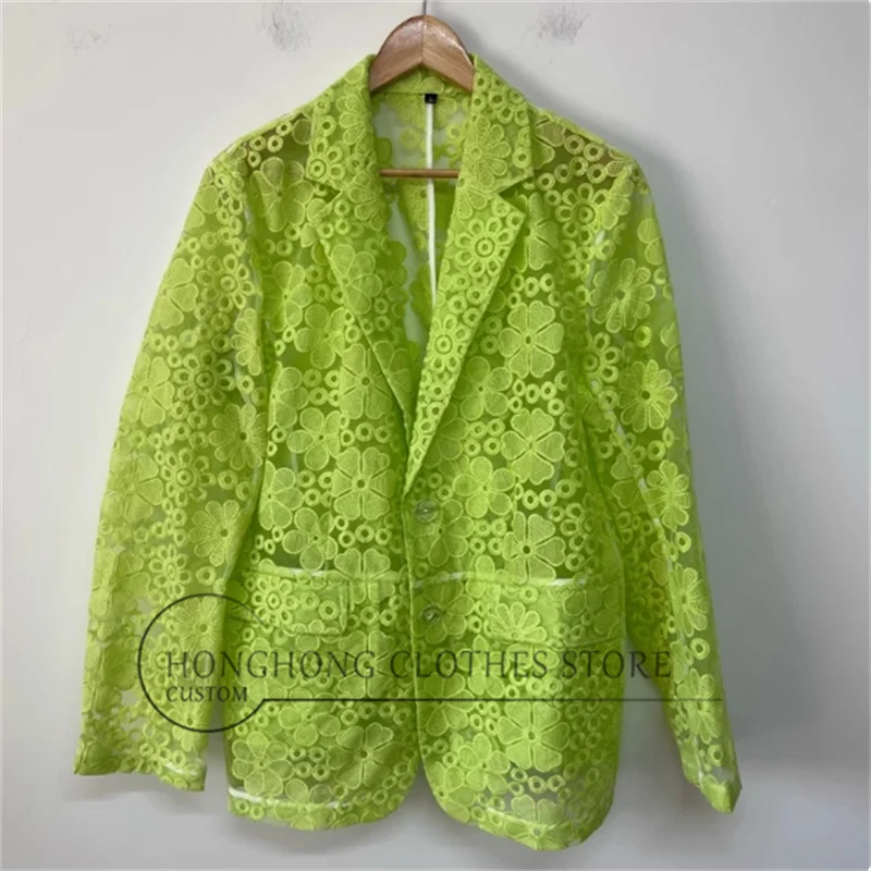 

Fluorescent yellow heavy embroidery see-through organza luxurious and personalized stage men's wear
