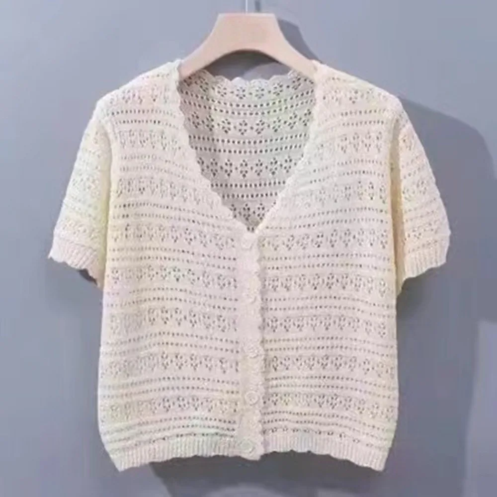 New Hollow Out Knitted Cardigan Thin V-Neck Sun-Proof Tops Short Sleeve Casual Outwear Women