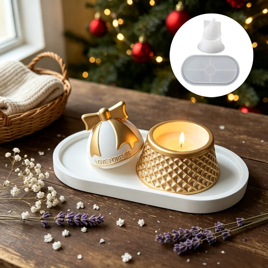 Clay silicone mold set, including 3 Christmas clock storage boxes and oval tray set,  plaster, candles, and and home decoration