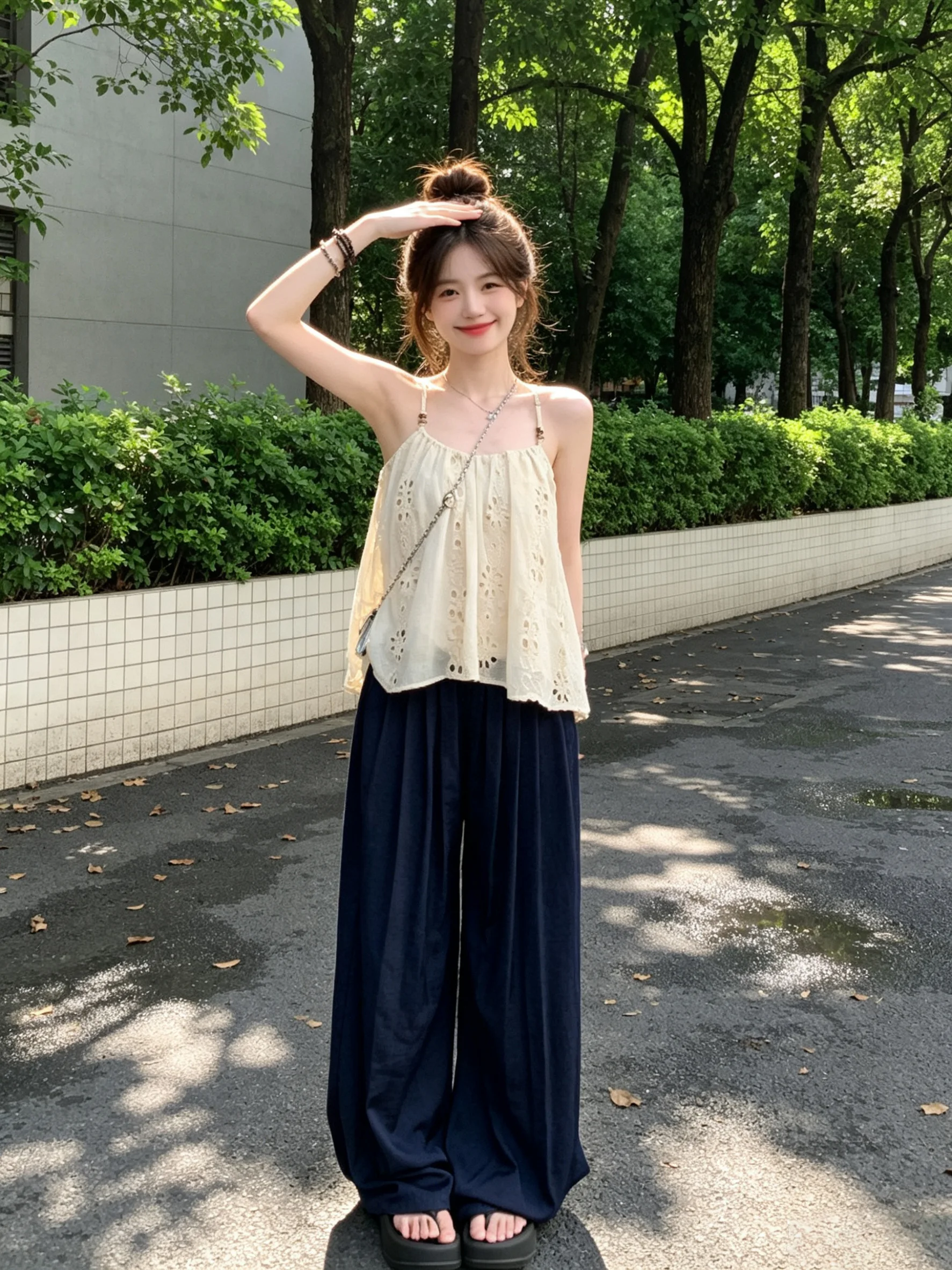 

Vacation Style Women's Beautiful Hollow out Strap Vest Wide Leg Pants Two Piece Set Summer Fashionable Breathable Casual Wear