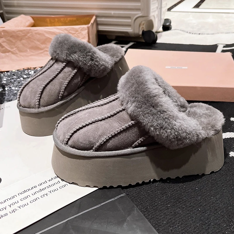 

Женские тапочки на платформе, теплые сабо на меху, модные замшевые зимние ботинки, новинка 2025 года, повседневные короткие плюшевые зимние ботинки Botas De Mujer