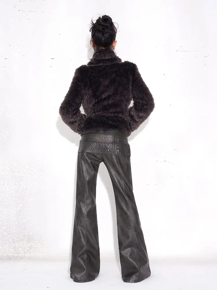 Lautaro Spring Autumn Distressed Pu Leather Flare Pants Women High Waist Grunge Punk Style Luxury Emo Clothes Streetwear 2026