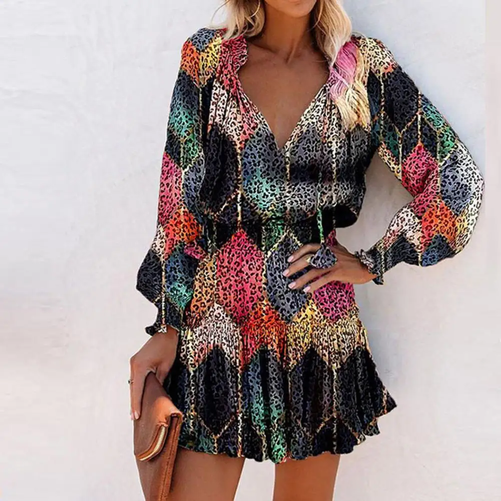 V-Neck Lace Up Mini Dress Popular Breathable Waist Tight Long Sleeve Colorful Floral Print Ruffle Hem Party Dress Female Clothes