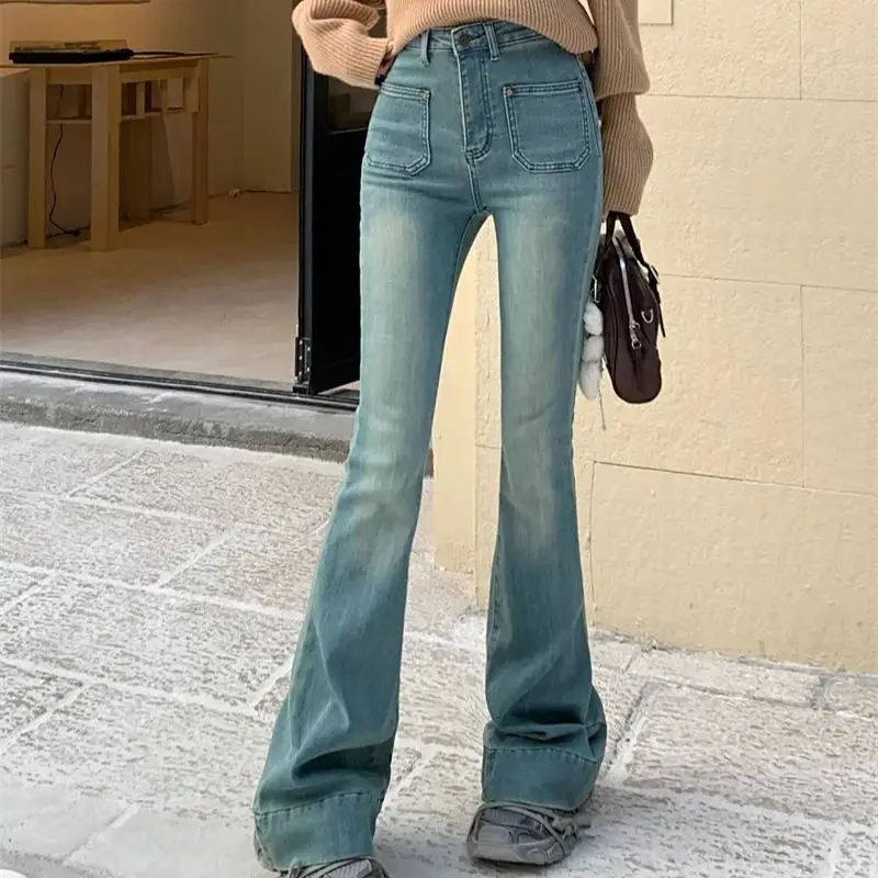 

H.sa High-waisted light blue bell-bottom pants for women early spring retro temperament, slim and versatile bootcut jeans