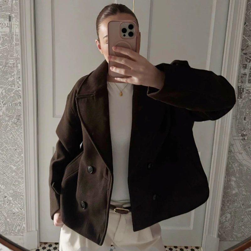 سترة HXAO تويد مقصوصة سترات نسائية لخريف وشتاء 2025 جديدة في المعاطف والسترات البنية مزدوجة الصدر وأكمام طويلة ملابس خارجية #5