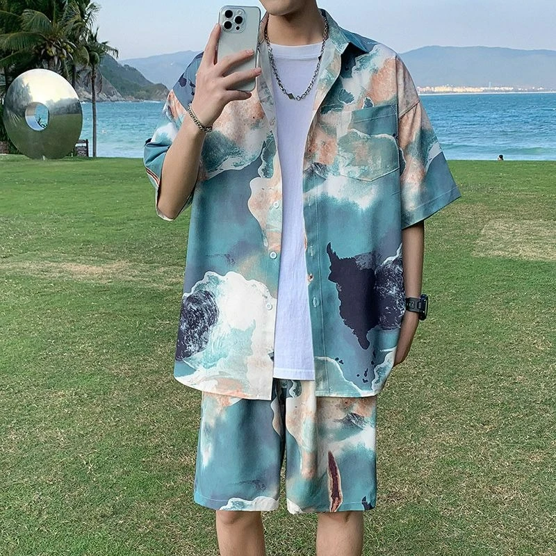 Beach Suit Men's Summer Thin Drape Short-sleeved Shirt Shorts Ice Silk Two-piece Set Trendy Temperament Fashionable Comfortable