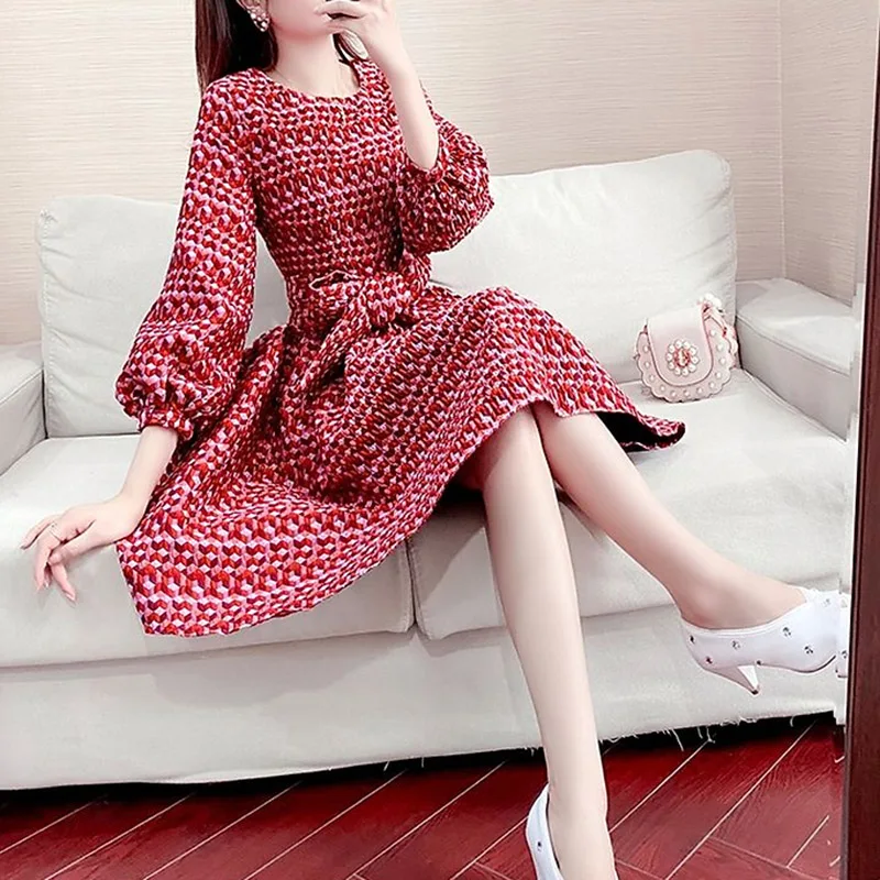 2023 Spring New Red Fashion Dresses Design Sense Light Luxury Elegant Ladies Lantern Sleeve Dress Female O Neck Vintage Vestidos