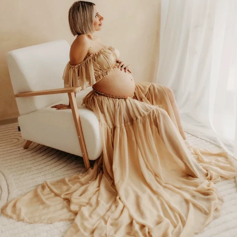 Maternity Photoshoot Dresses Long Skirt & Top Set Semi-Transparent Chiffon Baby Shower Photographie De Vêtements De Maternité