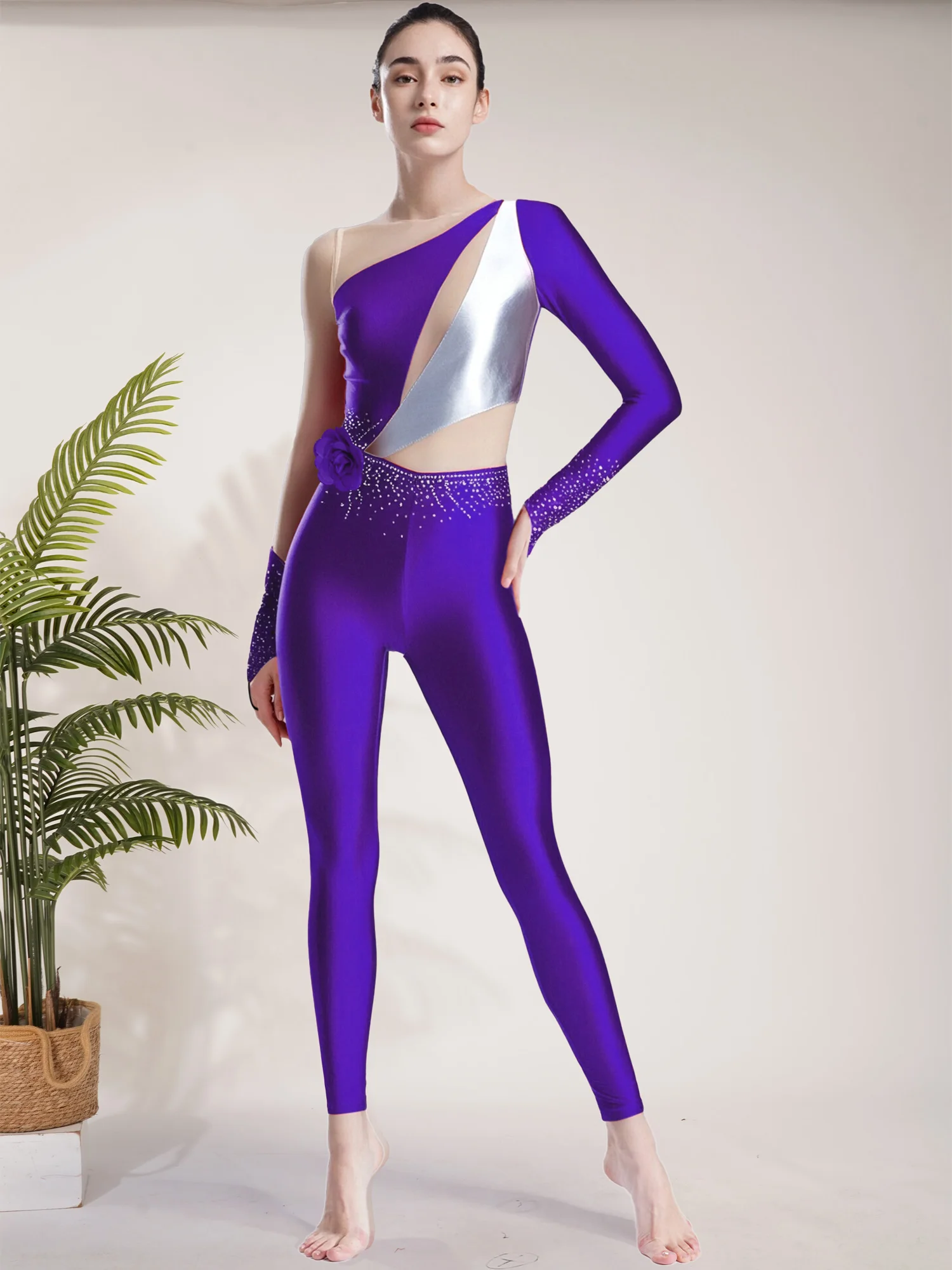 女性の長袖スリムロンパースボディスーツフィギュアスケート衣装メタリック光沢のある新体操ジャンプスーツバレエレオタード