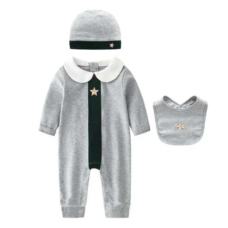 New Arrival Spring Autumn Fashion Brand Style Baby Clothes Cotton Long-Sleeved Patchwork Romper Hat And Bibs 3-Piece Set