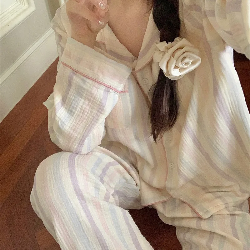 Striped Sleepwear Women Pajama Sets Korean Piiama Autumn Pants Sets for Women 2 Pieces Button Night Wears Long Sleeve Home Suit