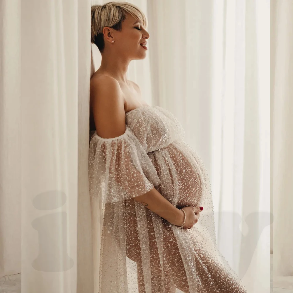 Pregnant Women Photography Dress Transparent Mesh Studded Pearl Sequin Two-Piece Set Maternity Photography Props Dress