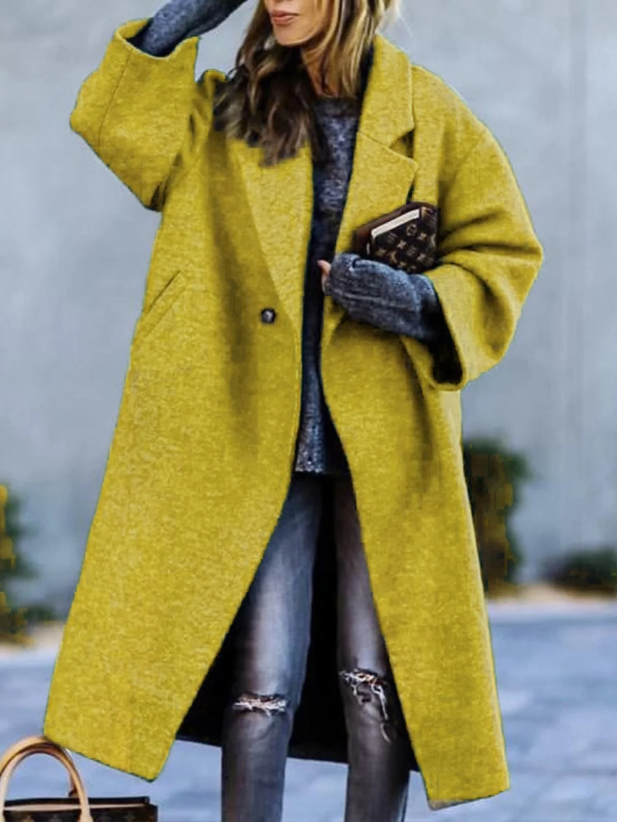 Casaco Solto de Manga Longa com Gola Estilo Urbano Fechamento por Botão Design de Manga Regular Crimento Médio Ajuste Over...