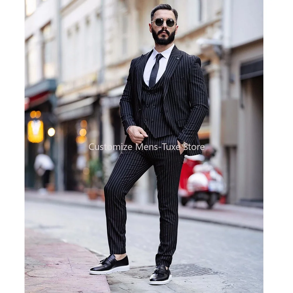 High Quality Black Pinstripe Men Suits Single Breasted Peak Lapel Formal Wedding 3 Piece Jacket Pants Vest Slim Fit Blazer Set