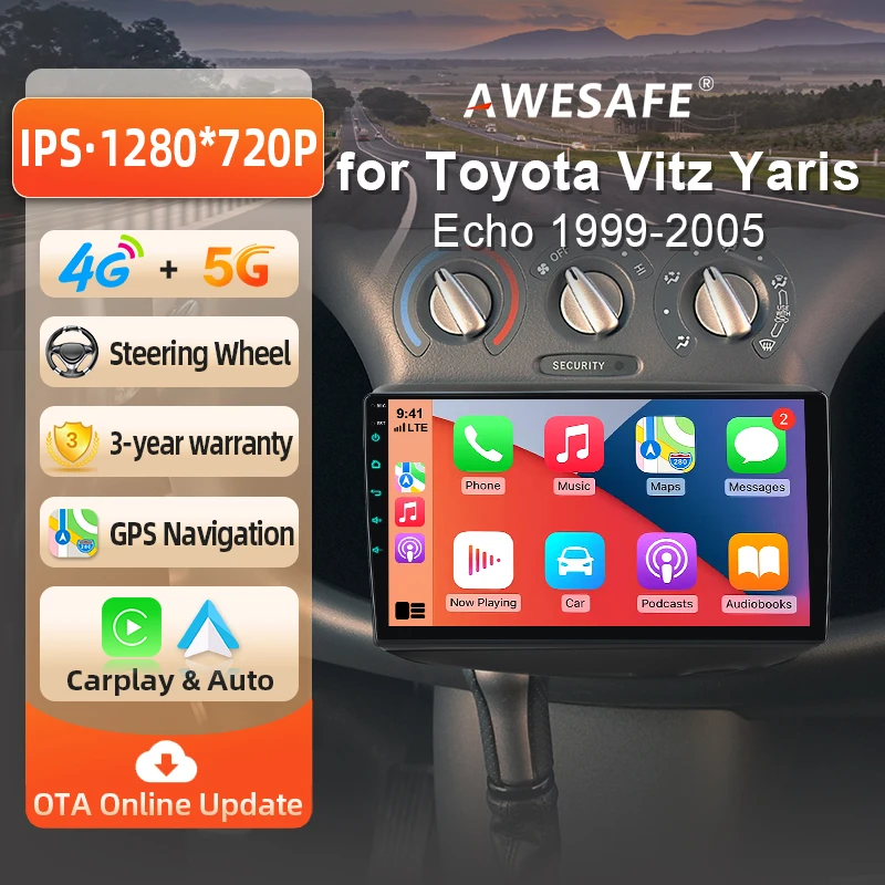 AWESAFE Radio Android 9 pouces pour Toyota Vitz/Yaris XP10 1999 2000-2005, CarPlay sans fil et Android Auto, navigation GPS, support multimédia, commande au volant, amplificateur de subwoofer, caméra arrière, prise EU, Plug and Play, autoradio numérique DAB+, autoradio 2 DIN, stéréo RDS