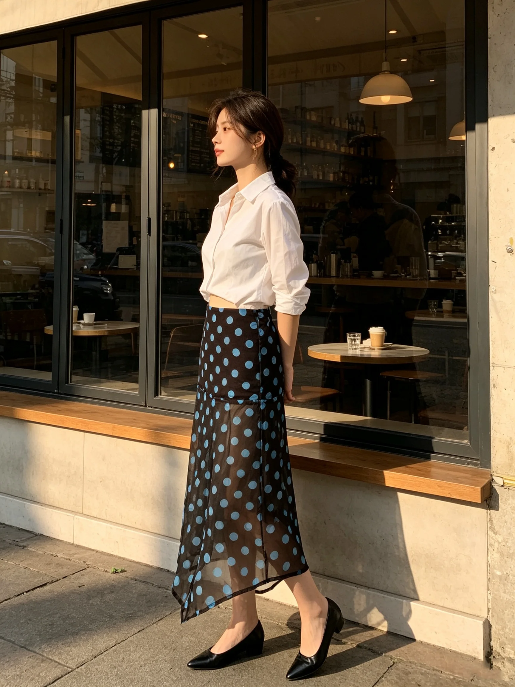 Retro American Polka Dot Midi Skirt Brown Blue with Transparent Mesh Splicing Irregular Beveled Hem Mid-Length Skirt
