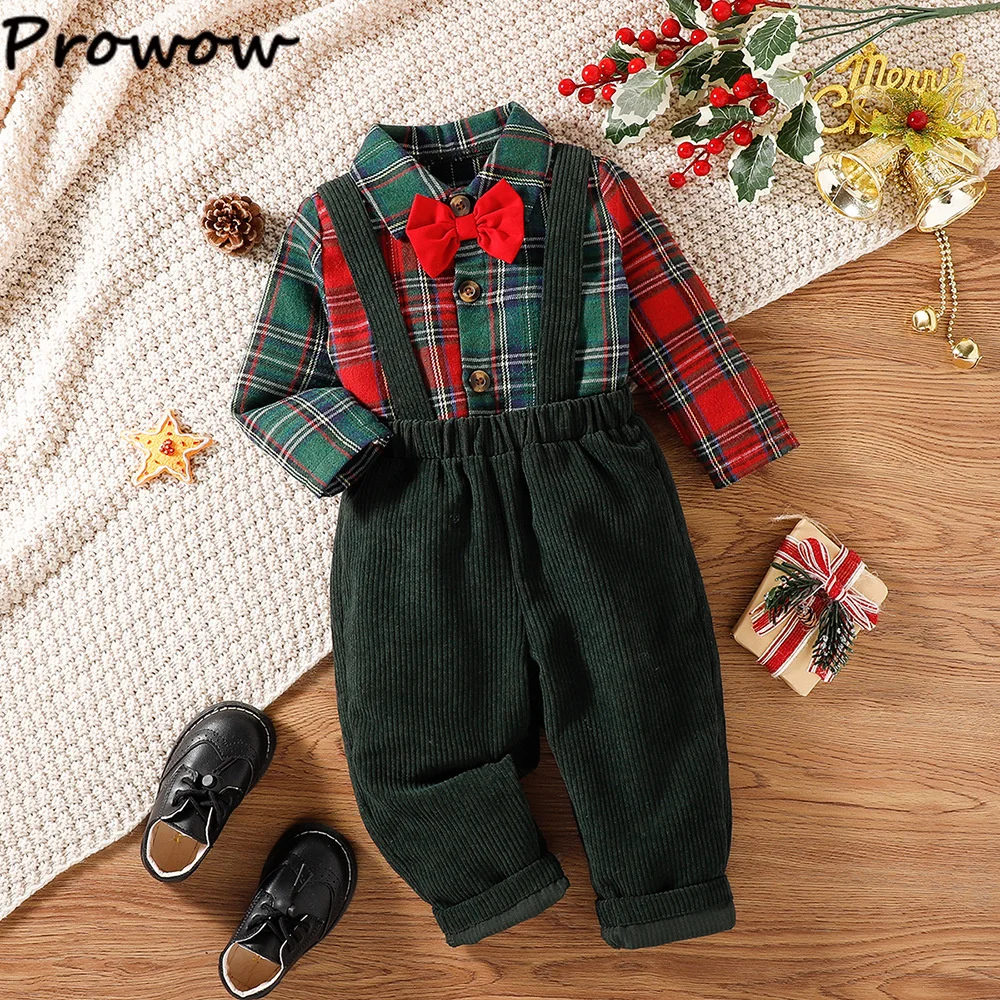 Baby Boy Christmas Outfits Party Gentleman Necktie Plaid Shirts and Green Corduroy Overalls Pants Kids New Year Toddler Costume