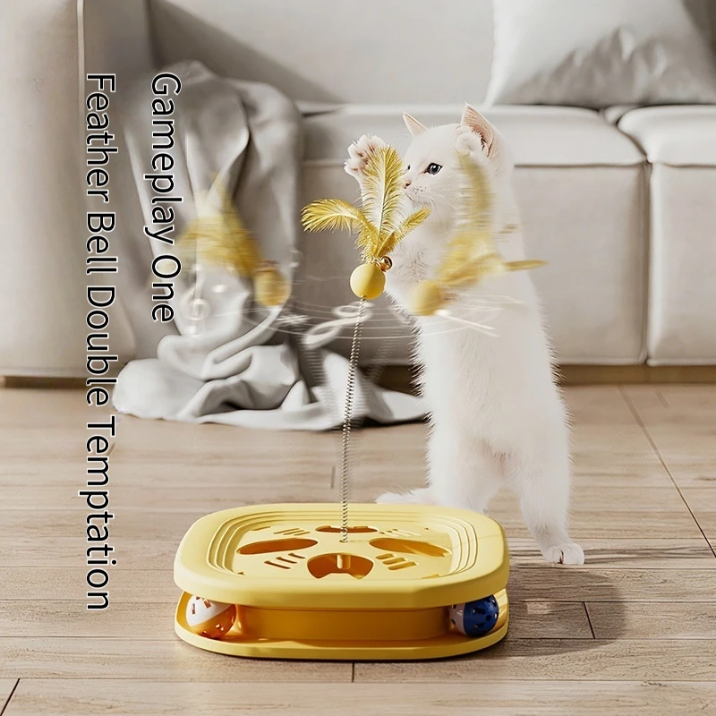 3-in-1-Katzenspielzentrum, interaktives Spielzeug – Selbstspiel, Langeweile, Linderung, Federglocke, Teaser, Zauberstab, Haustier-Puzzlespielzeug