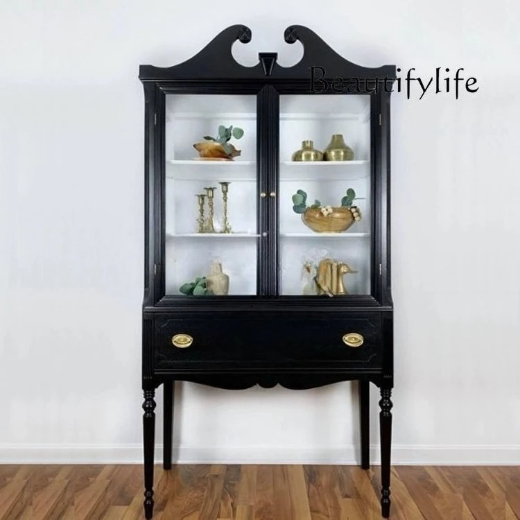 

French black solid wood wine cabinet retro decoration American antique glass storage wine cabinet fashion
