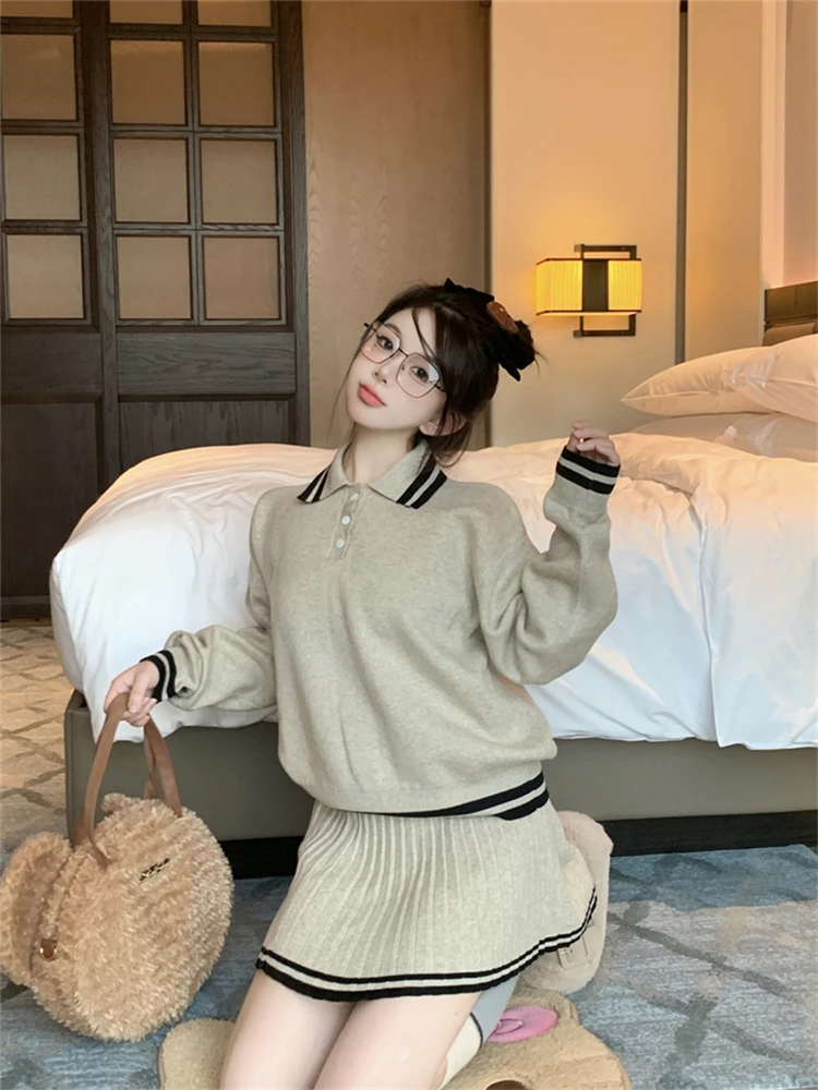 Colorfaith WS9801JX New 2024 Chic Sets 2 Pieces Oversized Knitting Sweaters With Mini Pleated Skirts Spring Winter Women Suits