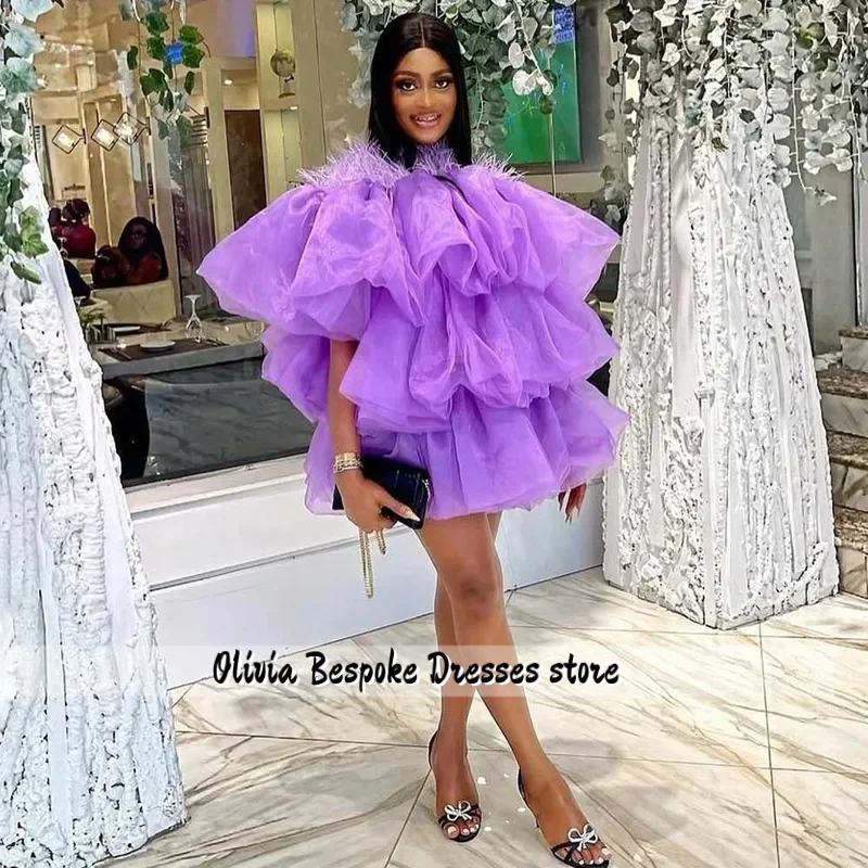 Vestido de organza lila Aso Ebi con capas, vestidos cortos de fiesta con plumas, mangas casquillo, vestido de cumpleaños, vestido de boda negro para niñas, personalizado