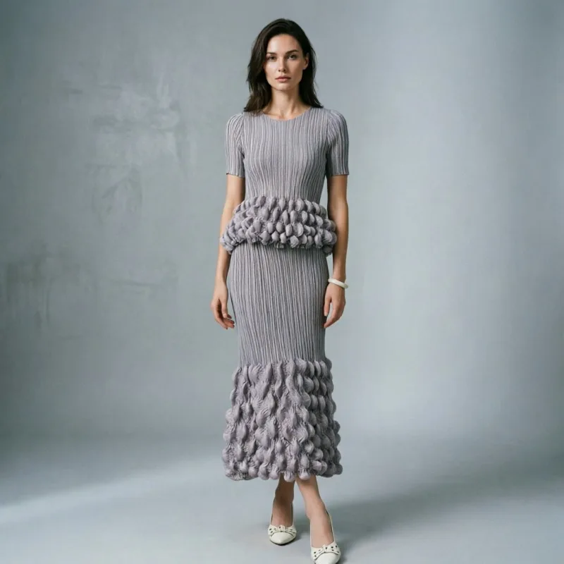 Miyake Bubble Pleated Skirt Set Plisse Women 2026 Summer Short Sleeve New Slimming Women's Pleats Top and Skirt Two-Piece Set