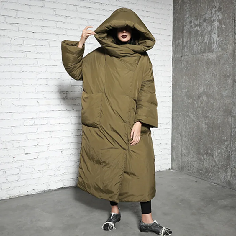 HKSH 2025 冬新作 レディース ダウンコート フード付き 大きめポケット 無地 エレガント ファッション 暖かい 厚手 ロング パフジャケット HK15140