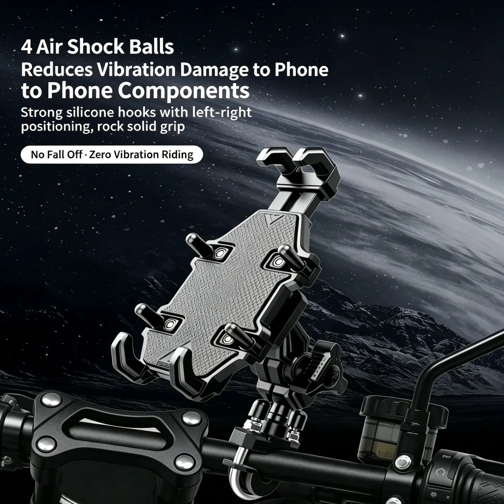 Motorcycle Phone Holder 4 Air Shock Balls 8-Claw Anti-Theft 360° Rotation Handlebar Mirror Mount for 5.4-7.2" Phone